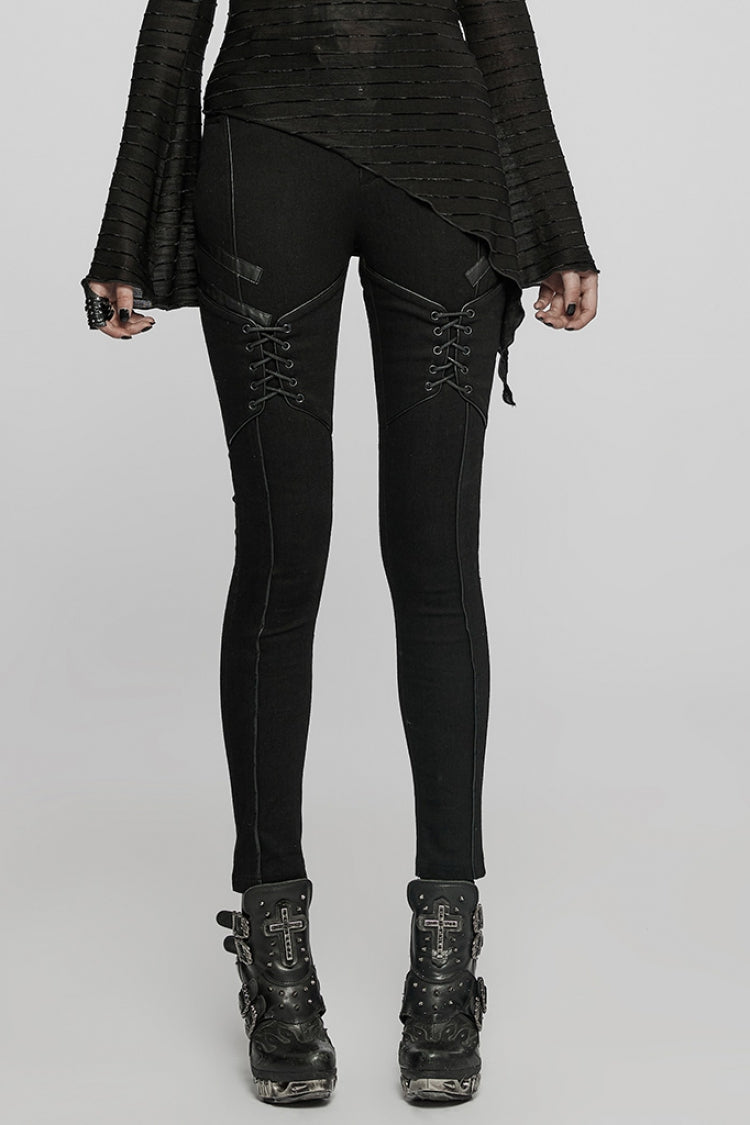 Black Faux Leather Stitching Lace-Up Slim Skinny Women's Punk Jeans Pants