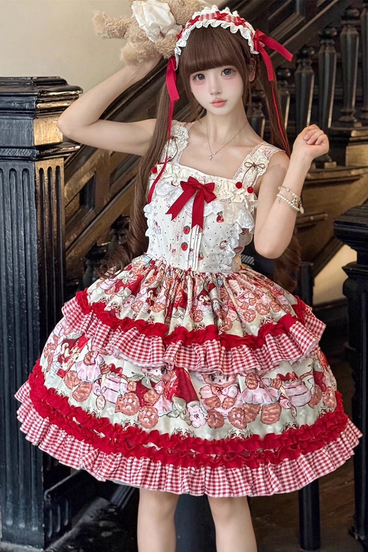 Red [Strawberry Bear] Sleeveless Double-Layered Print Ruffle Bowknot Sweet Princess Lolita Jsk Dress