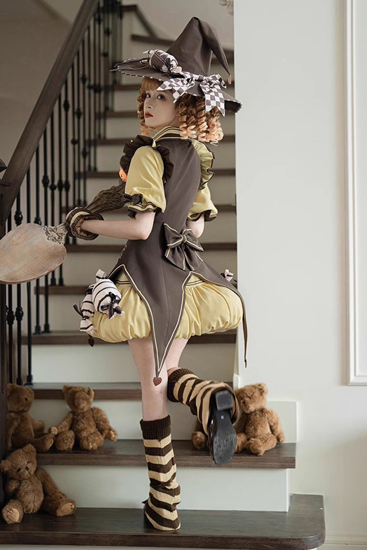 Brown/Yellow [Witch and Paradise] Short Sleeves Ruffle Bowknot Sweet Japanese Halloween Lolita Dress Vest Set