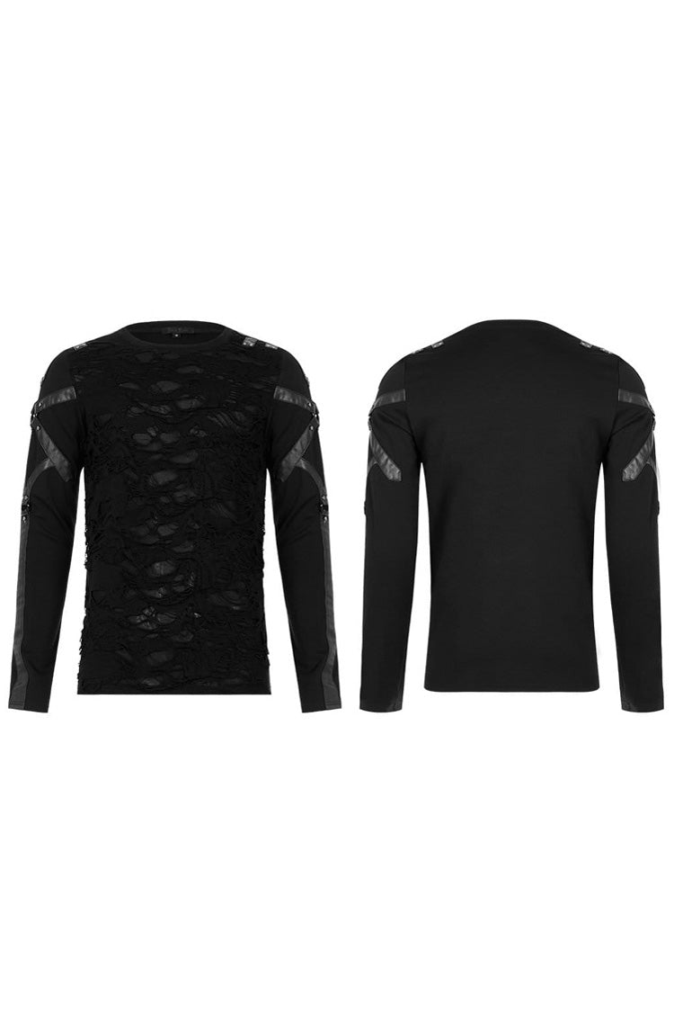 Black Long Sleeve Leather Strap Decoration Broken Holes Knit Men's Punk T-Shirt