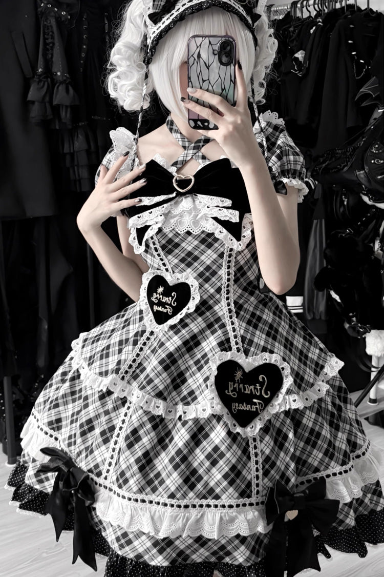 Black/White [Shibuya Sweetheart] Short Sleeves Plaid Print Ruffle Bowknot Sweet Lolita OP Dress (Plus Size Support)