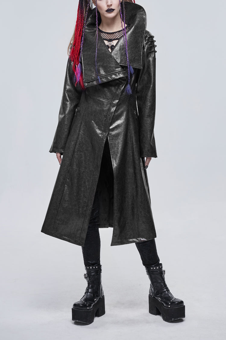 ブラック/グレー大きなネックラインのデザインロングレザーショルダーストリング装飾女性のパンクジャケット