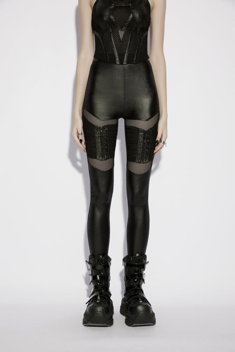 Black Cut-Out Patchwork Slim Fit Mesh Zippered Eyelet Women's Punk Cool Leggings