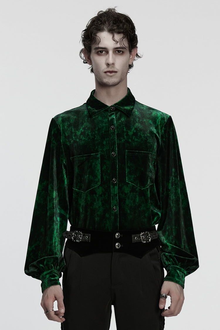 Green Lapel Collar Long Puff Sleeves Men's Gothic Shirt