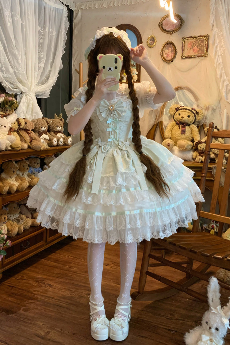 Green [Snow Kissed Romance] Sleeveless High Waisted Multi-Layered Bowknot Lace Pearl Sweet Ballet Lolita Jsk Dress