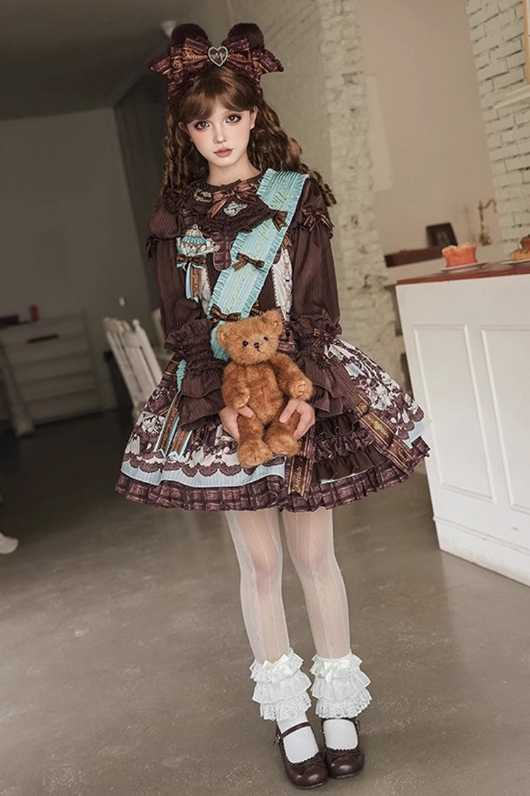 Brown [Teddy Bear Chocolate] Sleeveless Print Ruffle Side Cardigan Bowknot Asymmetric Sweet Lolita Strap Dress