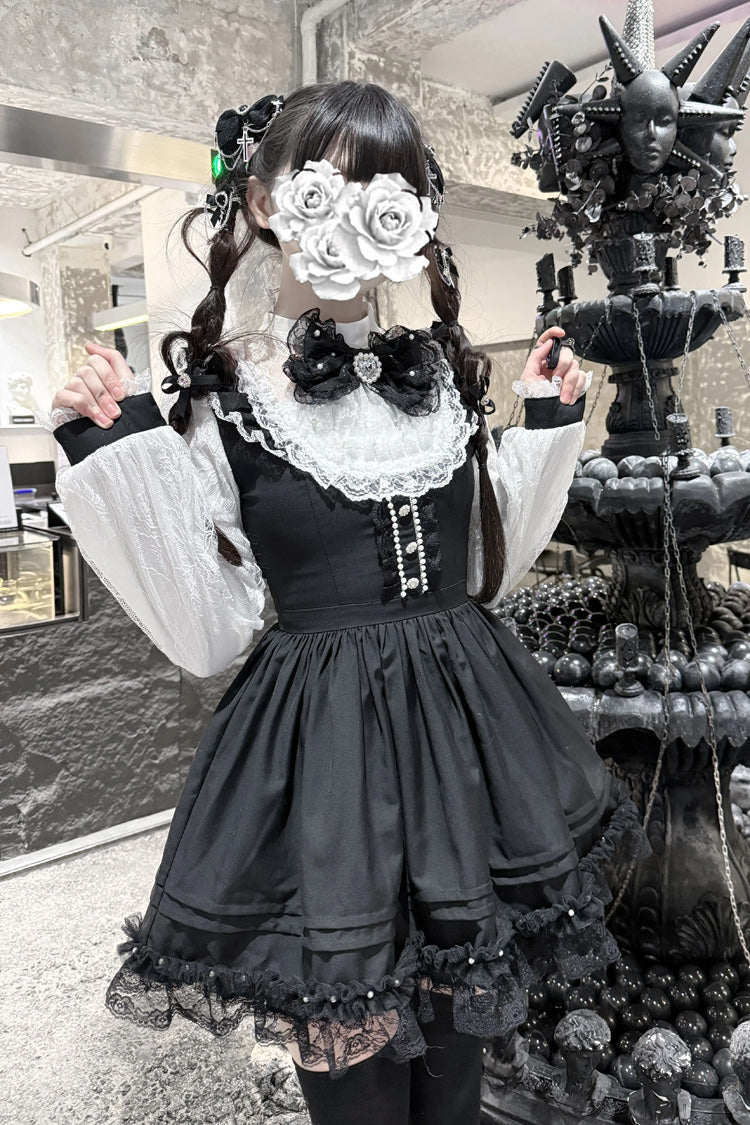 黒/白【Thorn Doll】長袖フリルリボンパール装飾ゴシック地雷系ドレス