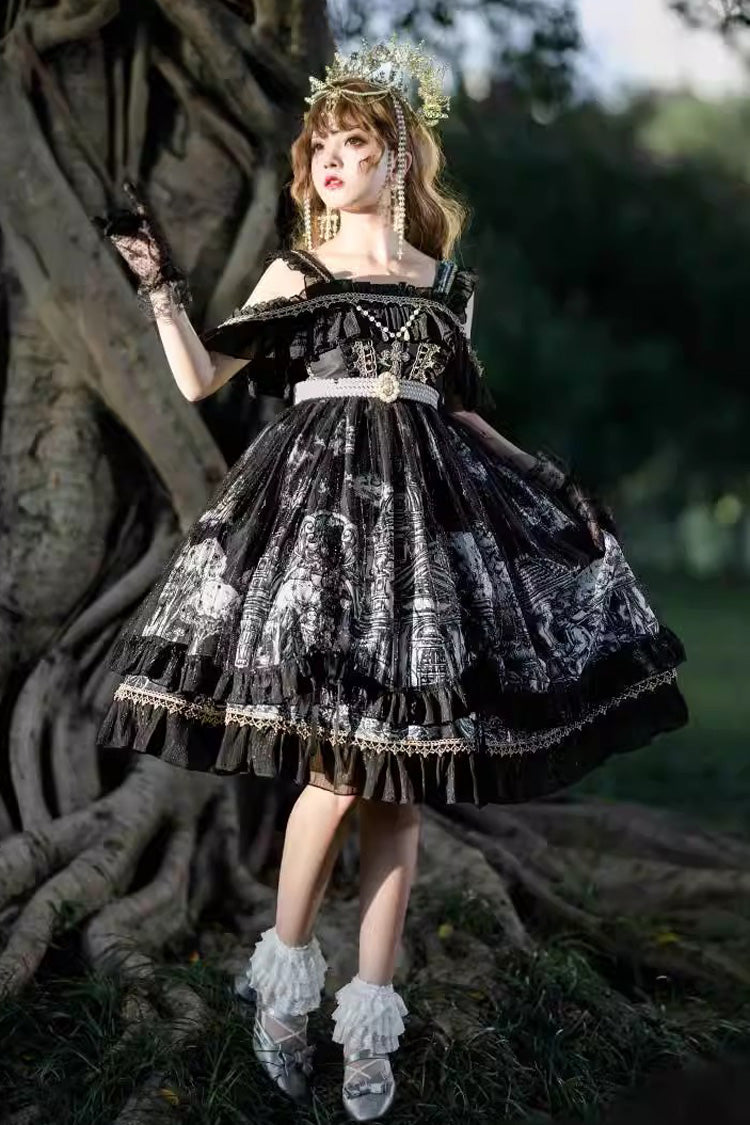 Black [Castle Feast] Print Ruffle Bowknot Gothic Princess Lolita Jsk Dress