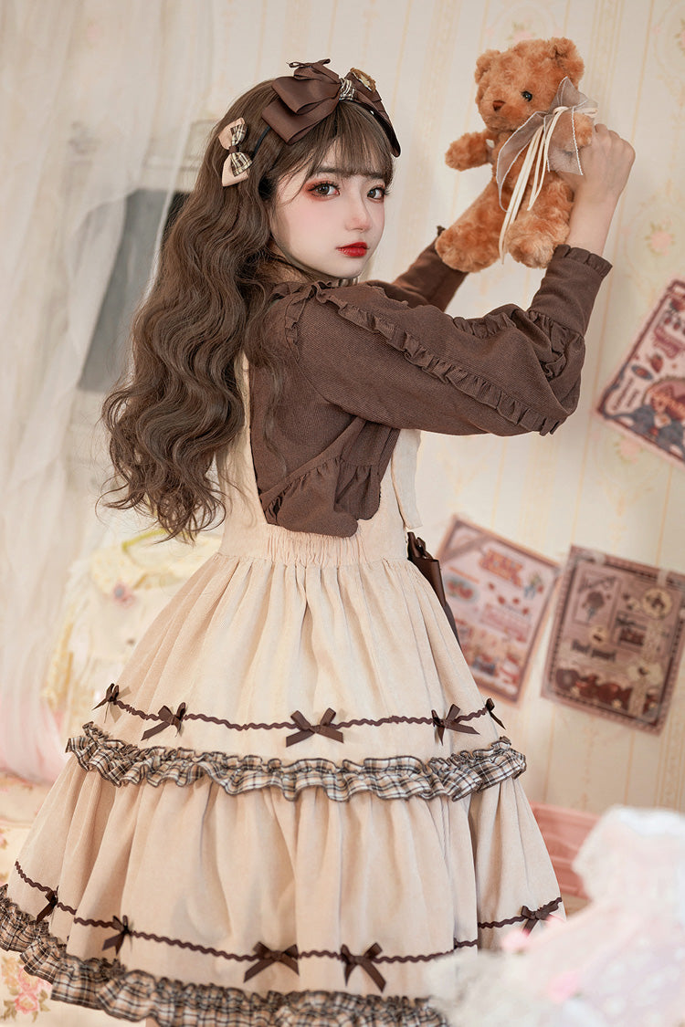 Khaki [Cute Bear] Embroidery Print Sleeveless Double-Layered Ruffle Bowknot Sweet Lolita Jsk Dress