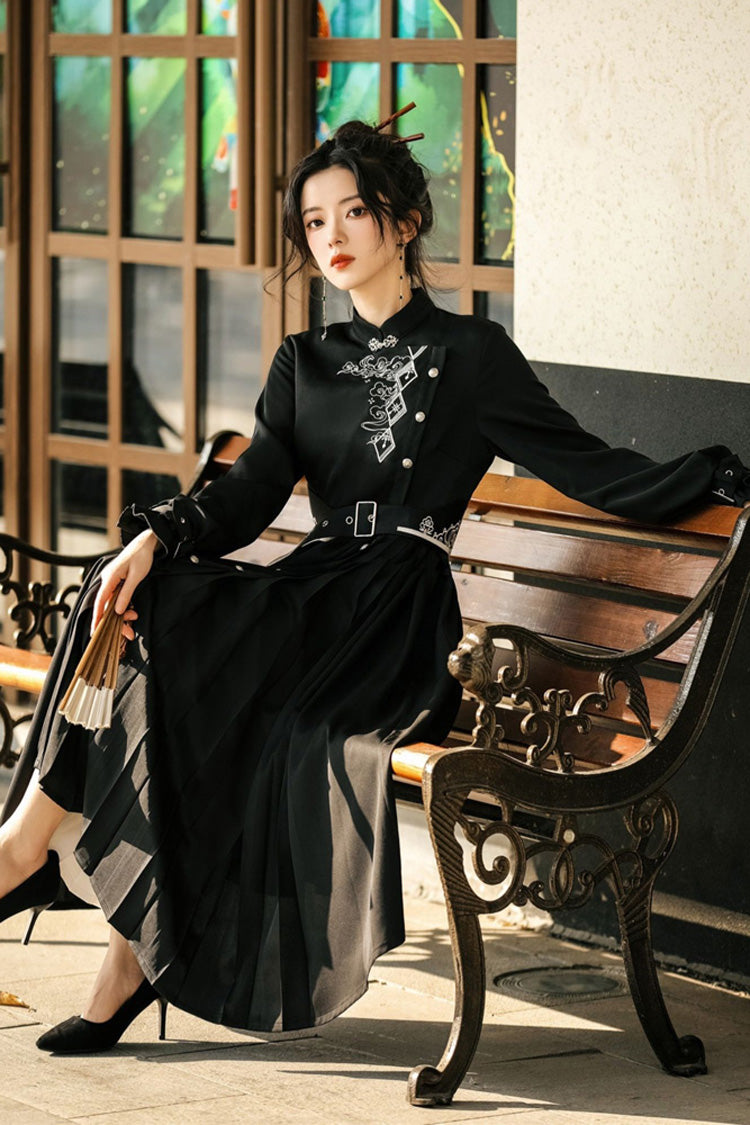 Black Mysterious Long Sleeves Chinese Style Single Breasted High Waisted Print Hanfu Dress