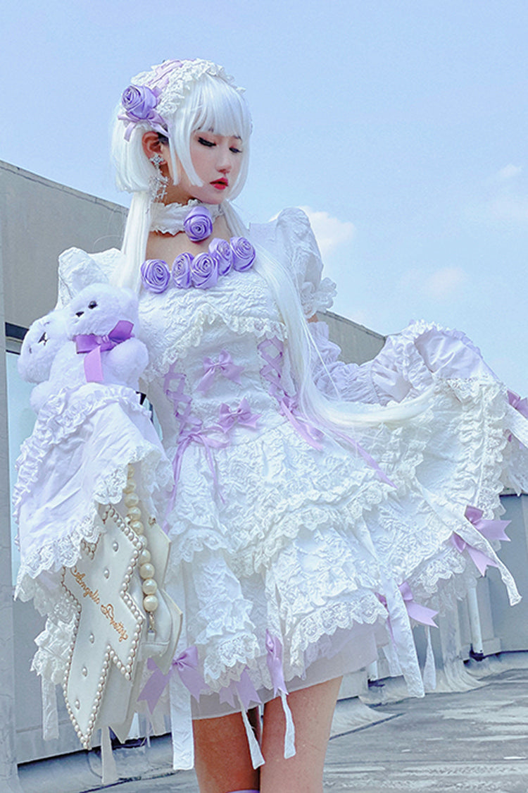 White/Purple Puff Short Sleeves Princess Gothic Lolita Tiered Dress