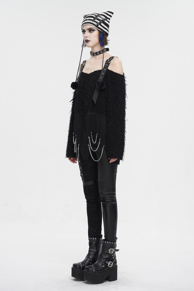 Black Irregular Off Shoulder Fluffy Women's Punk Sweater
