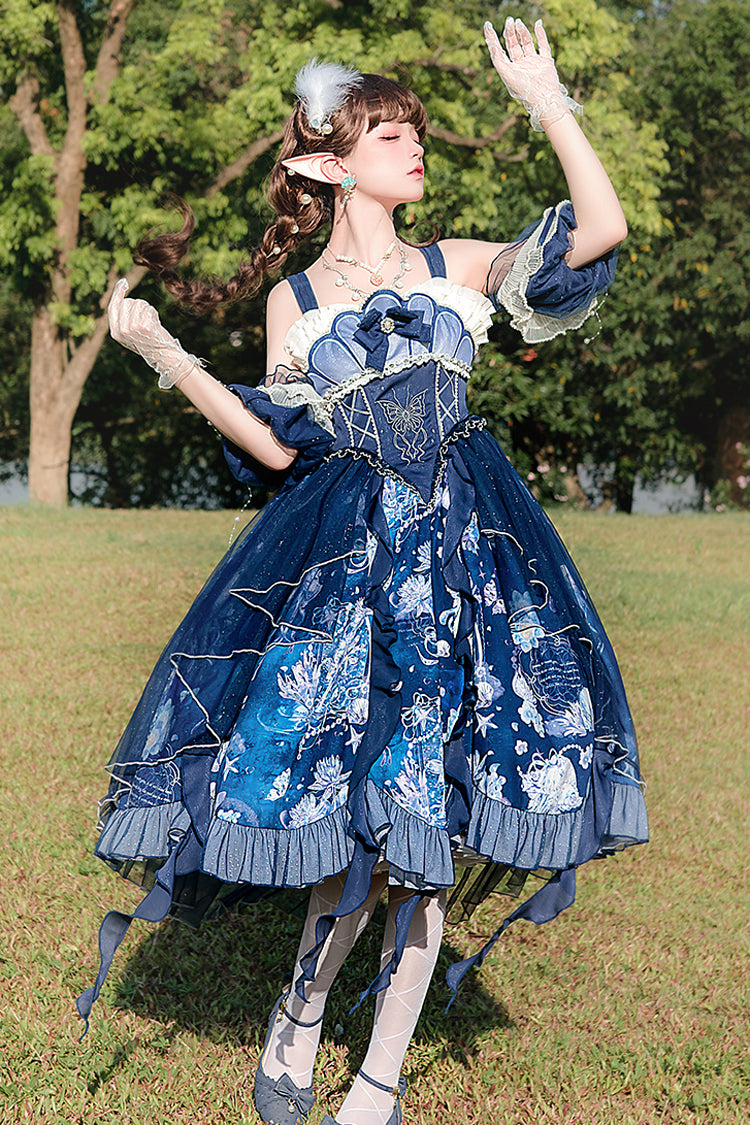 Blaues [Tiefseequallen] Print Rüschenspitze Süßes Elegantes Lolita Jsk Kleid