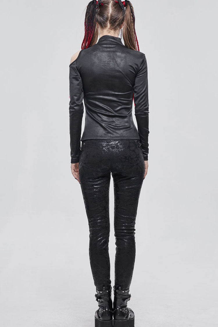 Schwarzes Punk-Stretch-Strickgewebe mit Ausschnitten auf der Brust, Schnallenriemen-Dekoration, langärmeliges Damenhemd