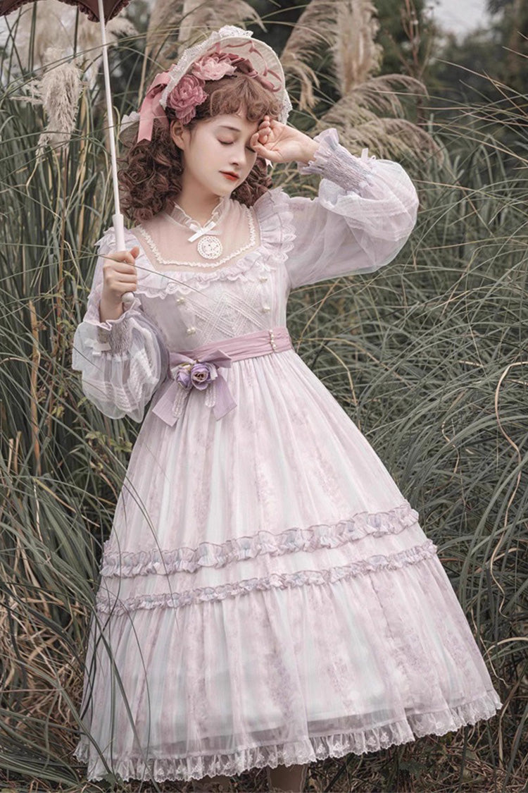 Light Purple Long Sleeves Ruffle Bowknot Lace Sweet Plus Size Elegant Lolita Dress
