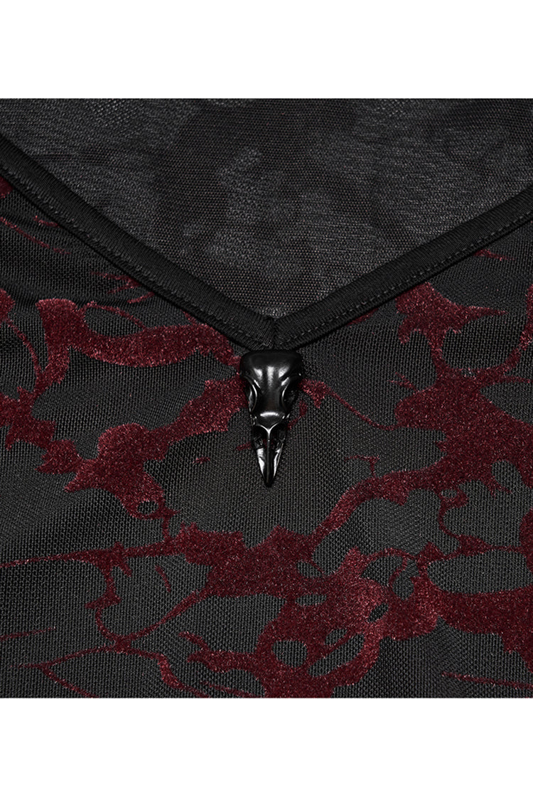 Rotes V-Ausschnitt-Stretch-Netzgewebe mit abstraktem Musterdesign und ausgestellten Bündchen, Gothic-T-Shirt für Damen in Übergröße