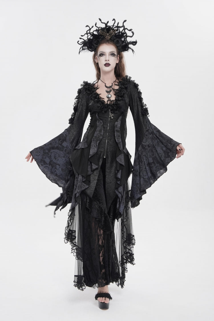 Schwarze, mit V-Kragen und langen Trompetenärmeln bedruckte, schlanke Gothic-Damenbluse mit Rosenfedern