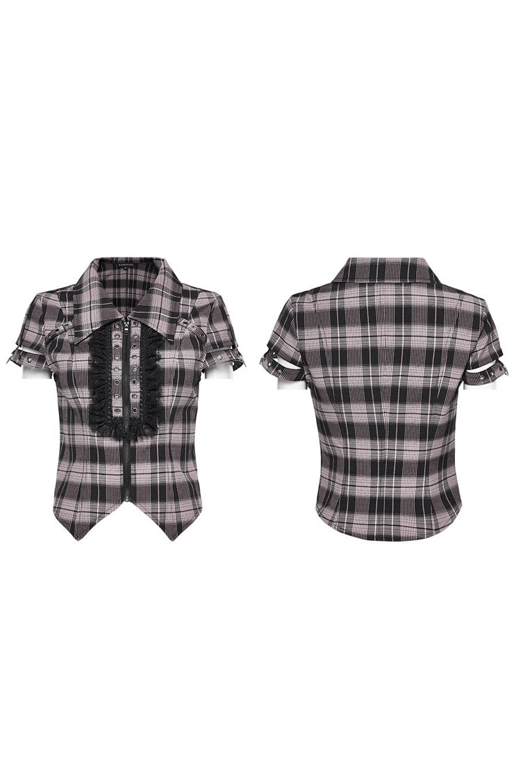 Damen Bluse mit kurzen Ärmeln, Karomuster, hohle Spitze, Steampunk-Stil, 2 Farben