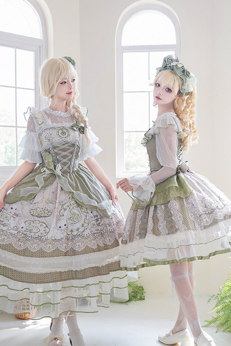 Green [Teacup Rabbit] Multi-Layered Print Ruffle Embroidery Bowknot Lace Asymmetric Sweet Elegant Lolita Jsk Dress