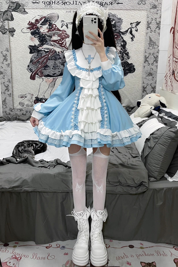 White/Blue Long Sleeves Multi-layer Cross Print Nun Style Ruffle Sweet Lolita Dress