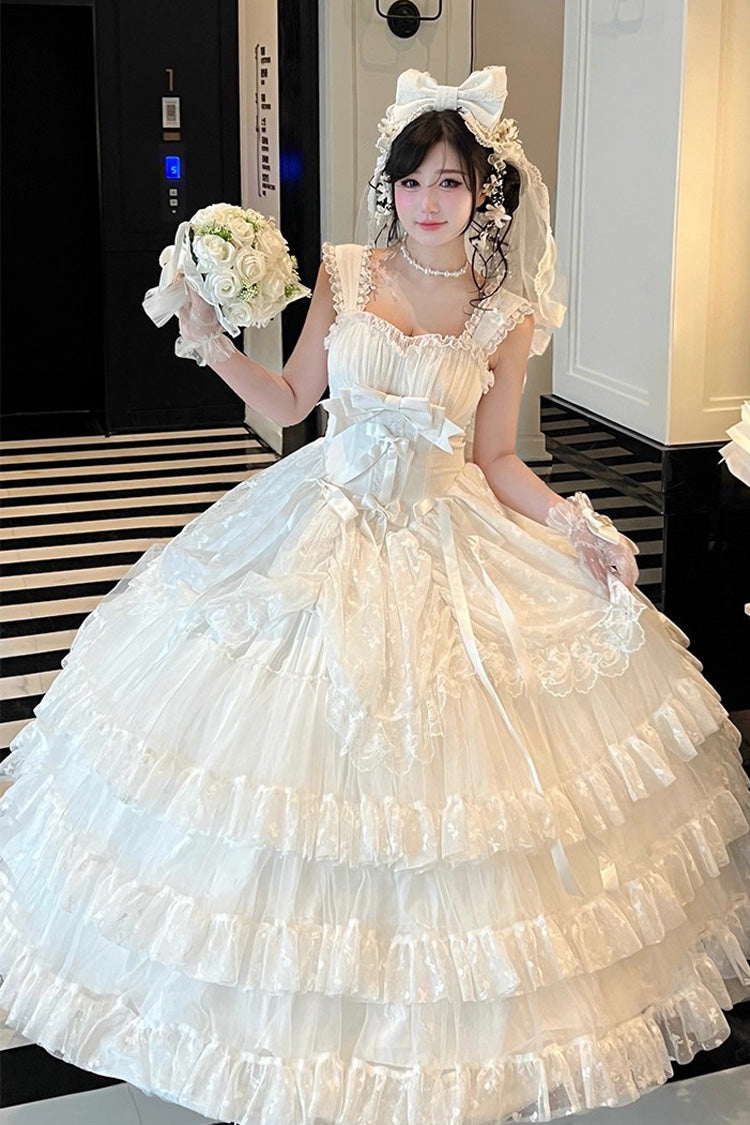 White [Maiden Lace] Off Shoulder Triple-Layered Ruffle Hanayome Bowknot Lace Sweet Lolita Jsk Dress