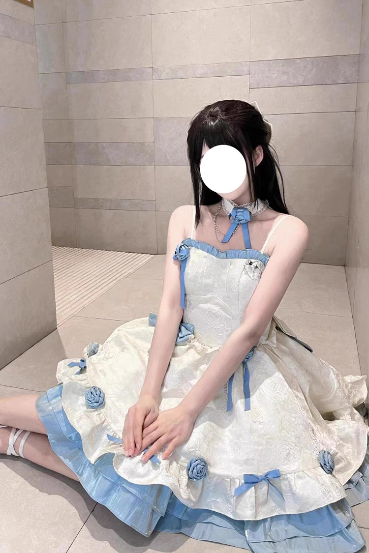 Aprikose/Blaues Lolita JSK Kleid mit Rüschen und Schleife im Prinzessinnen-Stil