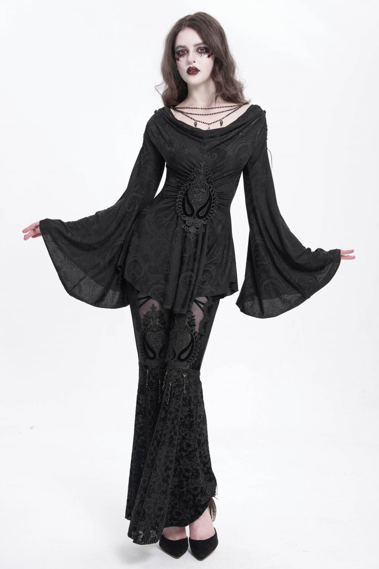 Black Hollow Floral Embroidery Women's Gothic Flared Pants