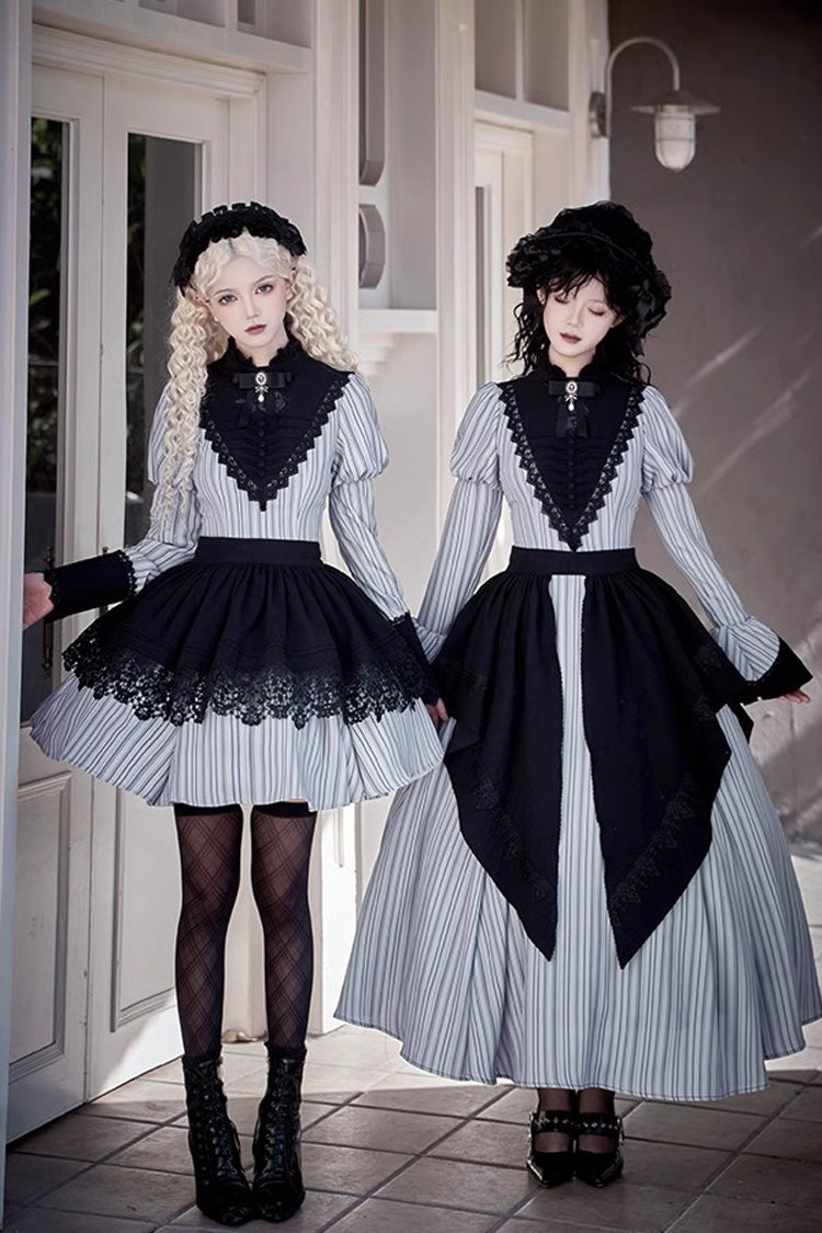 Light Grey [Nocturne] Vertical Stripes Print Ruffle Bowknot Lace Gothic Lolita Dress 2 Versions