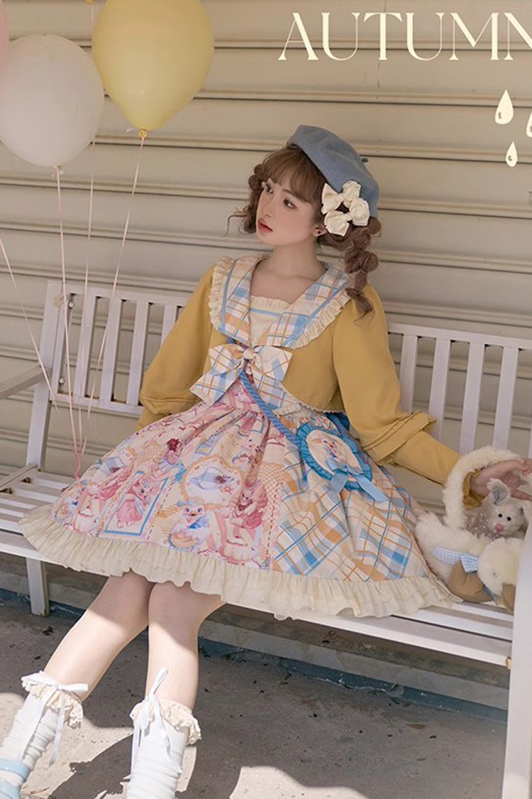 Yellow/Pink Cat Holiday Print Ruffle Bowknot Fake Two Pieces Sweet Lolita Dress