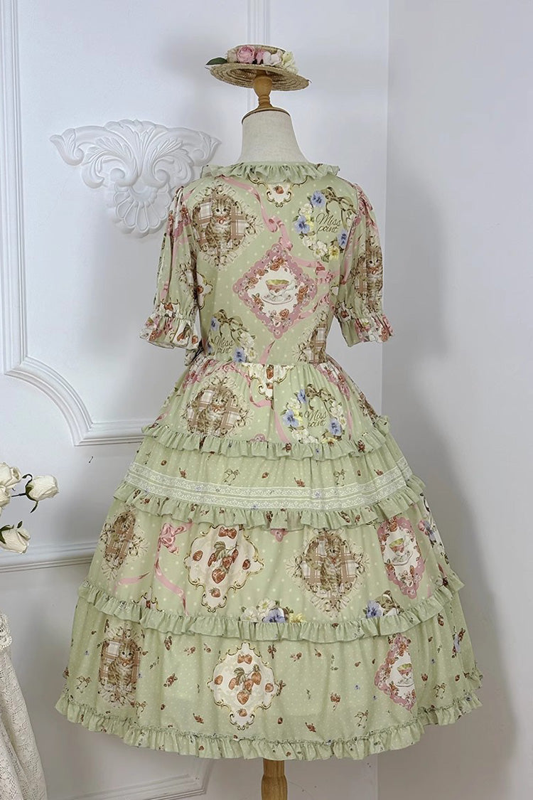 Robe Lolita Douce Quotidienne à Manches Courtes Imprimée Vert [Thé de Rose de Chat] avec Volants et Nœud Papillon 