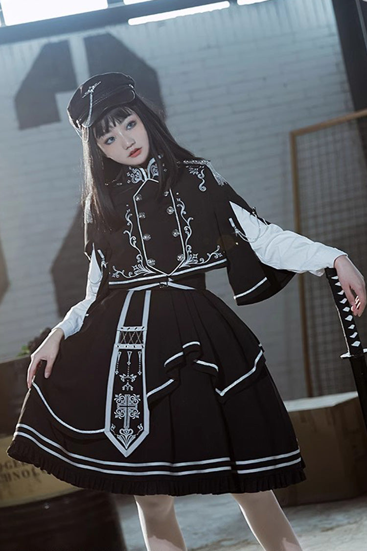 Black Battle of Thorns Print Ruffle Gothic Military Handsome Lolita Skirt