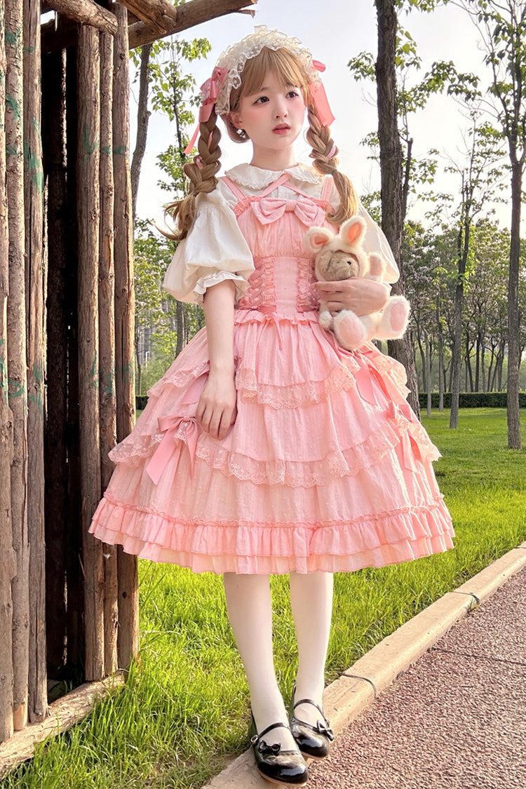 Robe Lolita Sweet Jsk sans manches à double couche avec nœud papillon en dentelle et laçage rose [Miss Pearl] 