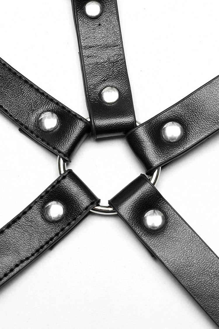 Black PU Leather Cross Metal Ring Buckle Women's Steampunk Body Harness