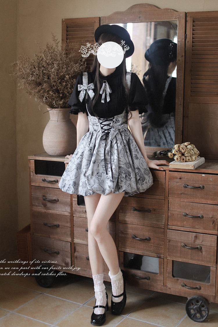 Grey [Elise] Print Bowknot Lace-Up Sweet Vintage Lolita Skirt