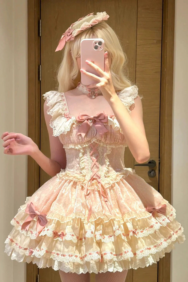 Rosa dreilagiges süßes Prinzessinnen-Ballett-Lolita-JSK-Kleid mit Schleife und Schnürung
