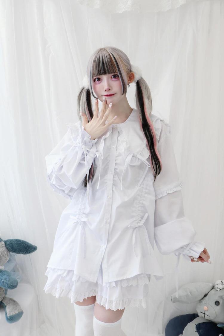 Doll Collar Long Sleeves Ruffle Bowknot Sweet Jirai Kei Japanese Blouse 3 Colors