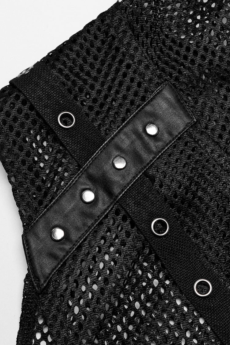 Black Sleeveless Irregular Hooded Mesh Eyelet Men's Punk Vest