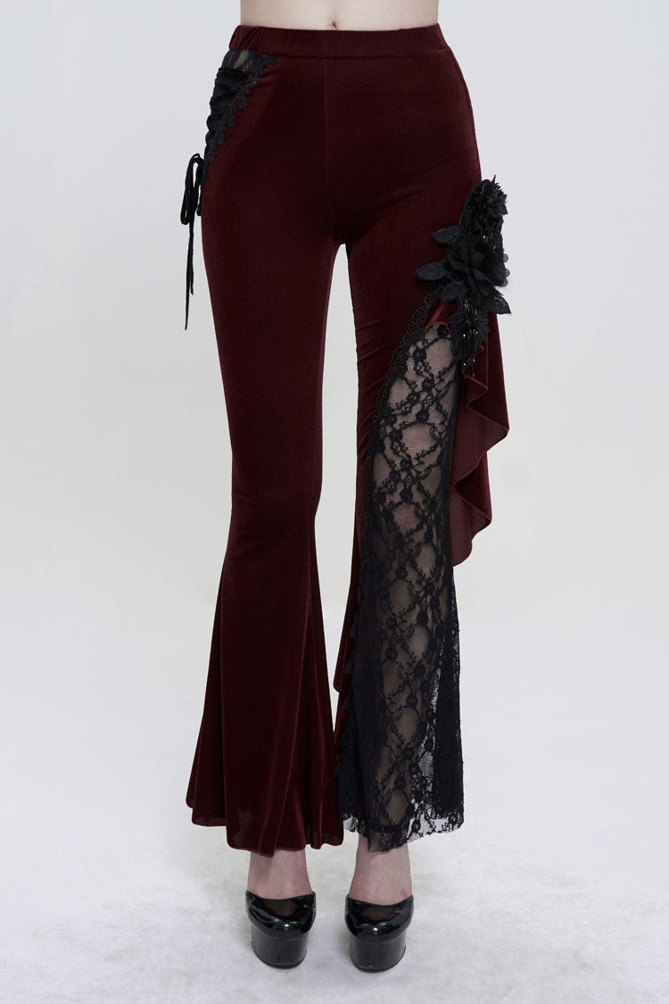 Red Velvet Single Side Stitching Rose Net Side Rope Decoration Asymmetric Pattern Flare Women's Gothic Pants
