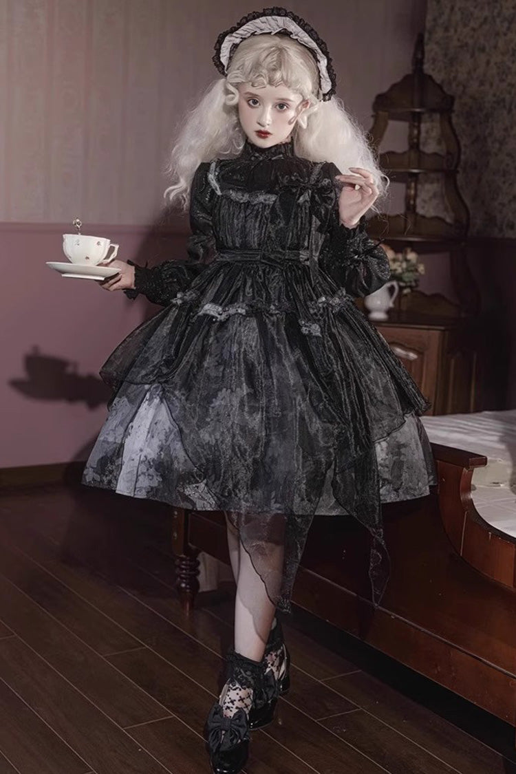 Black Stand Collar High Waisted Dead Leaves Print Tulle Gothic Princess Lolita Jsk Dress