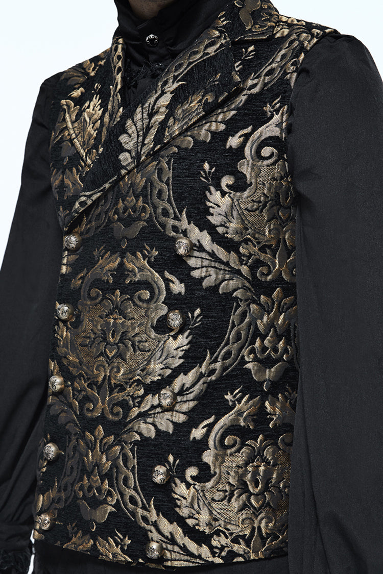 Black/Gold Short Big Jacquard Pattern Men's Gothic Waistcoat