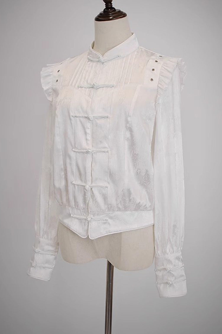 [Bone Dragon] Stand Collar Long Sleeves Ruffle Embroidery Ouji Fashion Classic Lolita Blouse 3 Colors