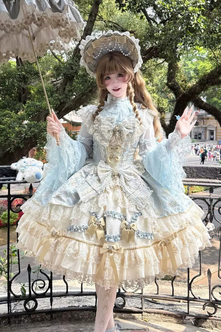 Blaues [vergoldeter Walzer] ärmelloses, bedrucktes, gerüschtes, besticktes Schleifen-Spitze-Kleid mit quadratischem Kragen und wunderschönem, süßem Lolita-JSK-Kleid