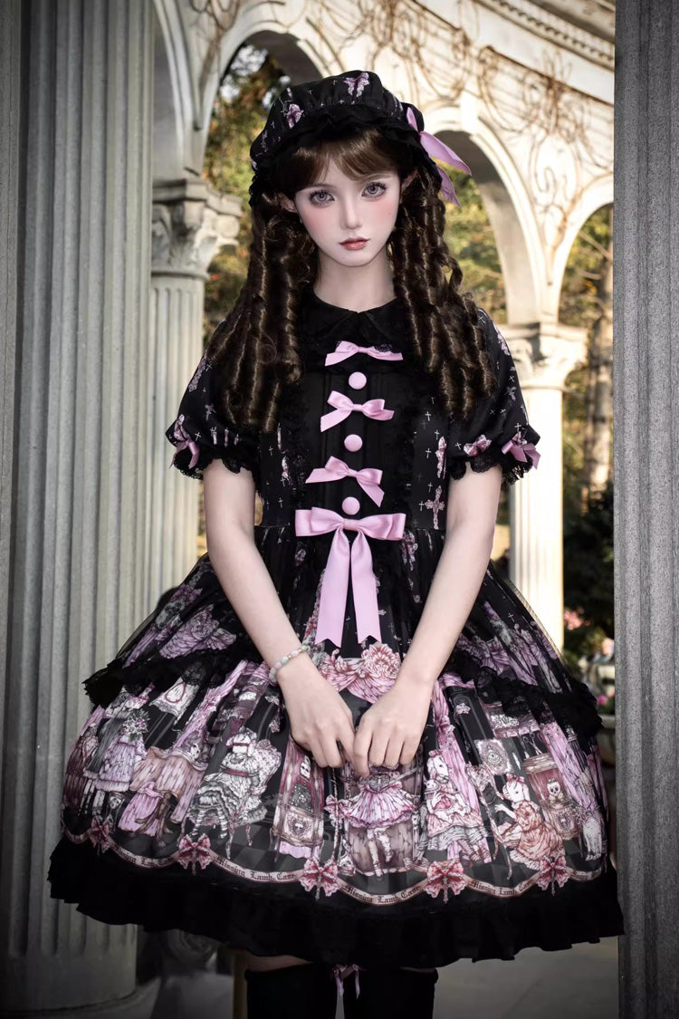 Noir [Le Cas de l'Agneau Disparu] Imprimé Manches Longues Volants Nœud Papillon Dentelle Robe Gothic Lolita 