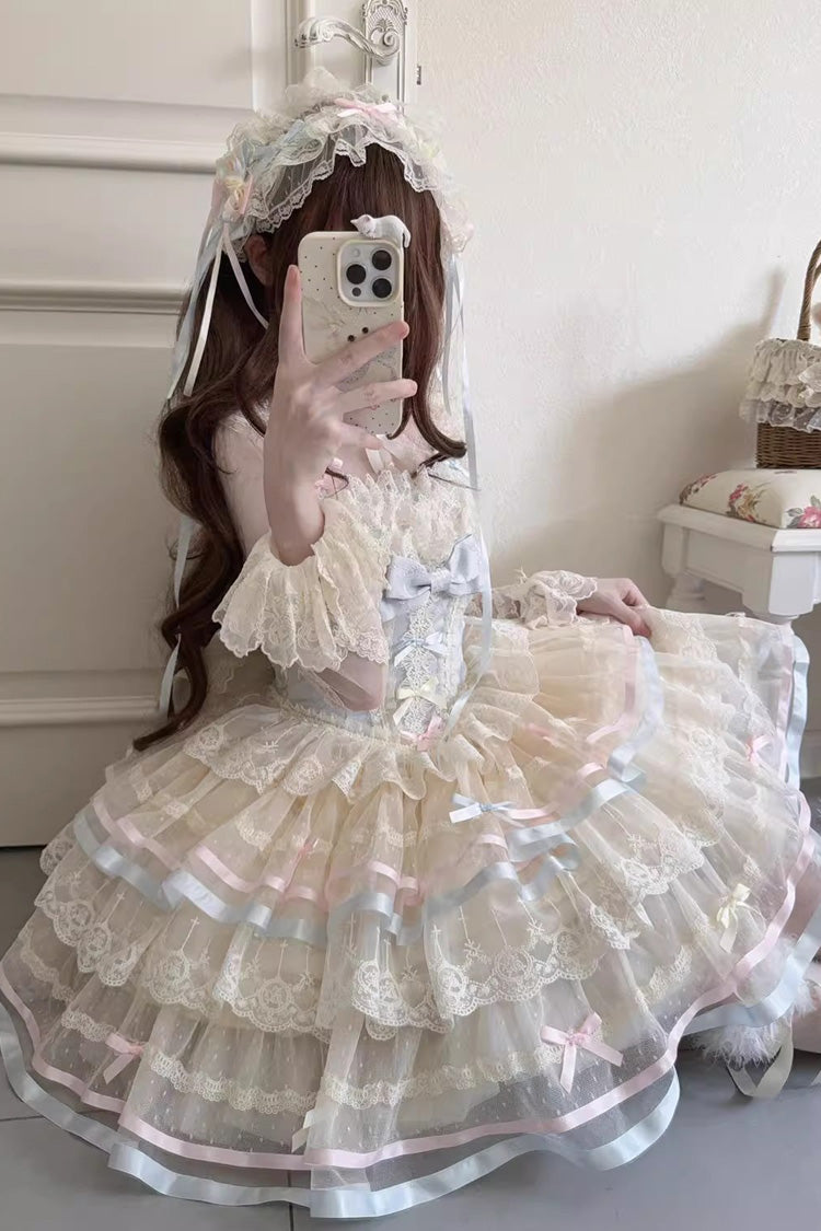 Blue [Butterfly Heart Ballet] Triple-Layered Ruffle Bowknot Lace Sweet Ballet Lolita Jsk Dress
