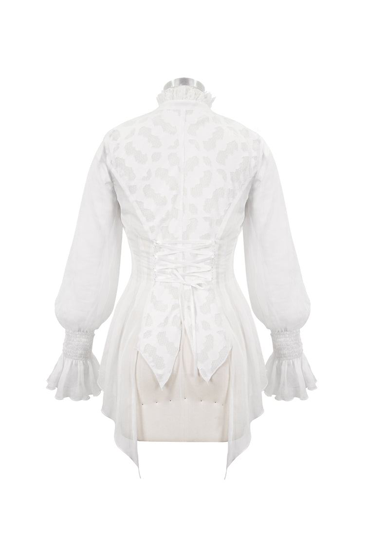 White Chiffon High Collar Front Flare Cuff Back Waist Lace Up Women's Gothic Blouse