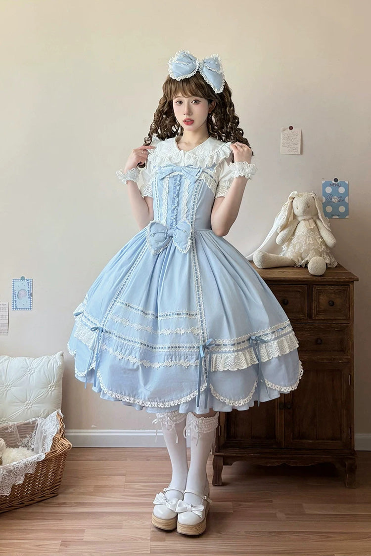 Blue [Petal Bunny] Cotton Sleeveless Ruffled Bow Lace Sweet Elegant Lolita Jsk Dress