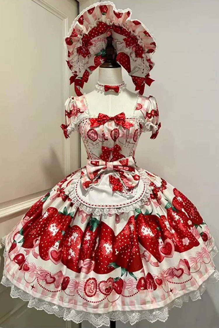 [Dream to Strawberry] Print Short Sleeves Ruffle Bowknot Lace Sweet Lolita OP Dress 4 Colors