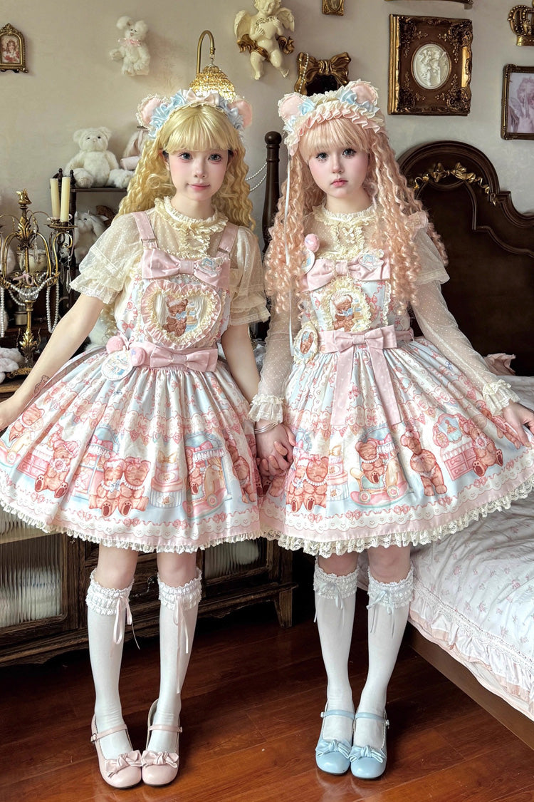 [Bear Anniversary Celebration] Sleeveless Printed Ruffled Bow Sweet Lolita Jsk Dress 2 Colors