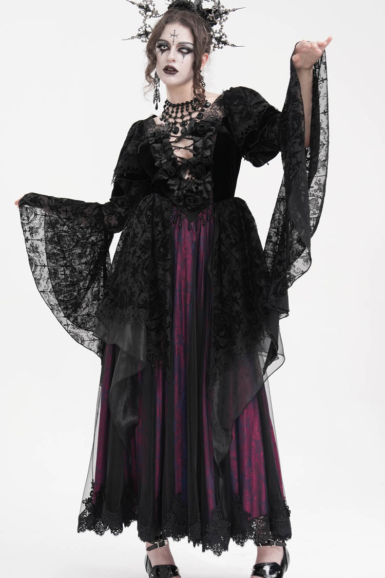 Schwarz/lila gehäkeltes langärmliges Hanayome-Spitzen-Gothic-Kleid für Damen