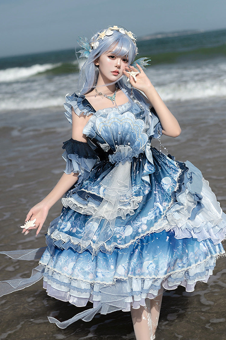 Blue [Jellyfish] Gradient Print Ruffle Embroidery Bowknot Lace Asymmetric Sweet Elegant Lolita Jsk Dress